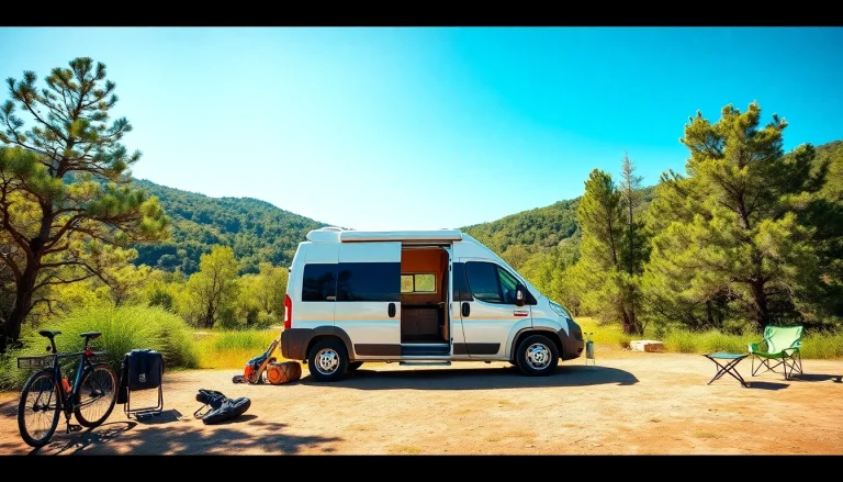 Camper Van parked in nature with an open door showing its cozy interior, inviting adventure.