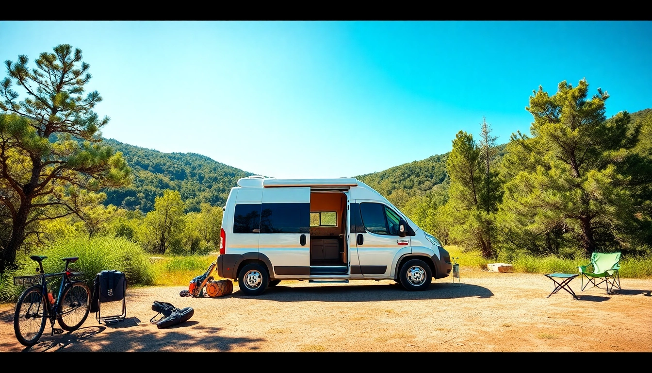 Camper Van parked in nature with an open door showing its cozy interior, inviting adventure.