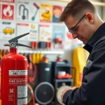 Fire extinguisher servicing Birmingham by a professional technician in a modern workspace.