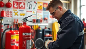 Fire extinguisher servicing Birmingham by a professional technician in a modern workspace.