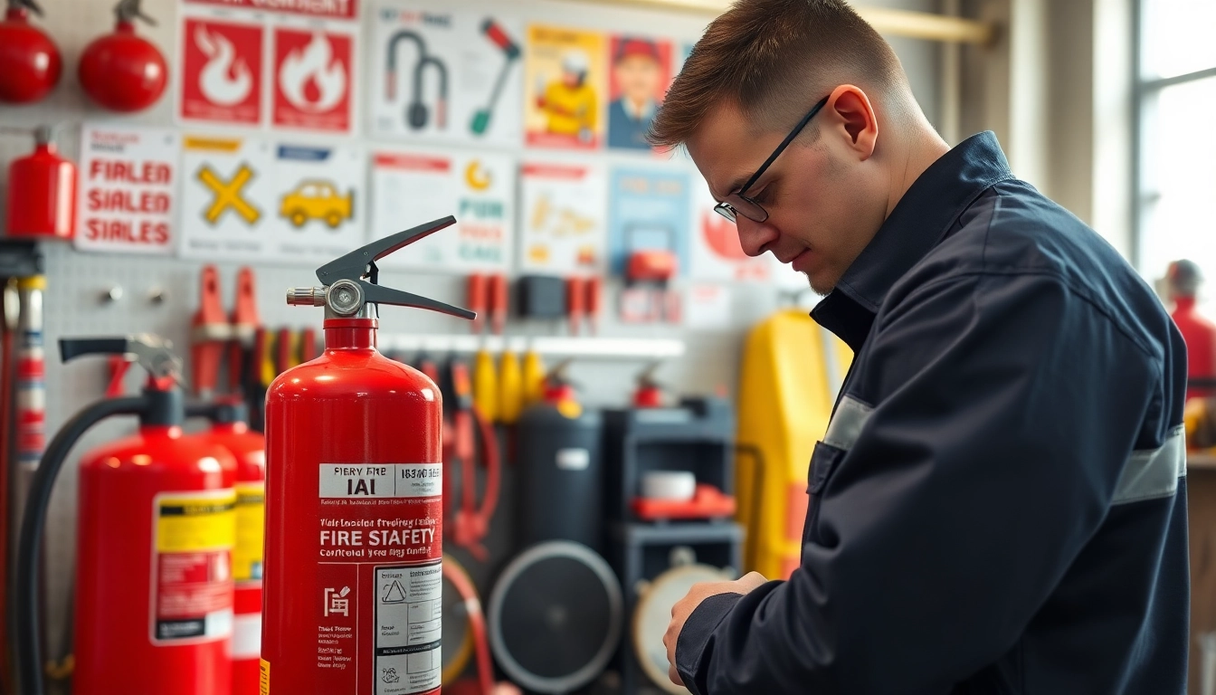 Fire extinguisher servicing Birmingham by a professional technician in a modern workspace.