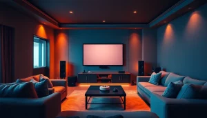 Experience home theater installation near me with a sleek design in a cozy living room featuring a large TV.