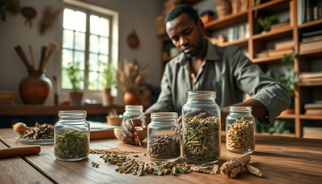Blend louban dakar herbs in a tranquil workshop with natural elements and calming lighting.