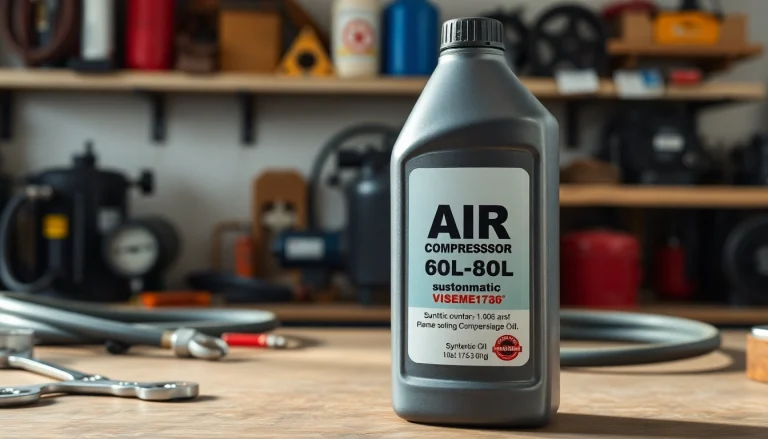 Showcasing air compressor oil bottle on a workbench alongside tools for optimal maintenance.