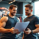 Engaging gym Training Consultation showcasing a fitness expert with a client in a dynamic gym setting.