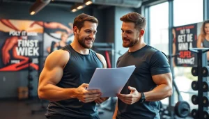 Engaging gym Training Consultation showcasing a fitness expert with a client in a dynamic gym setting.