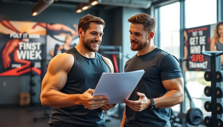 Engaging gym Training Consultation showcasing a fitness expert with a client in a dynamic gym setting.