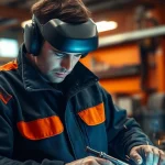 Welder in a protective welding jacket performing a task in a metal workshop.