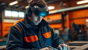 Welder in a protective welding jacket performing a task in a metal workshop.