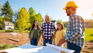 Connecticut home builders discussing custom home plans amidst a serene landscape.