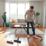 Cleaners performing bond cleaning Logan in a bright, tidy apartment setting, showcasing professionalism.