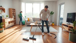 Cleaners performing bond cleaning Logan in a bright, tidy apartment setting, showcasing professionalism.