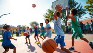 Young basketball enthusiasts joyfully practicing skills on the court in an engaging outdoor setting.