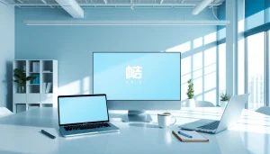 Showcase the 美洽官网 brand in a modern office setting that emphasizes productivity and sleek design elements.