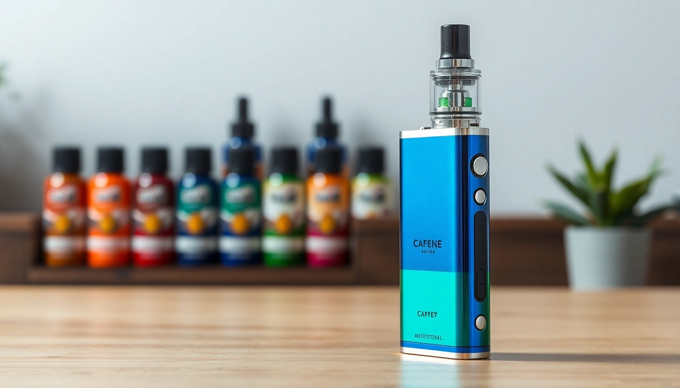 Showcase of a caffeine vape pen highlighting its sleek design and vibrant flavors available.