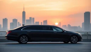 Experience premium car service atlanta with a luxurious limousine against a vibrant city backdrop.