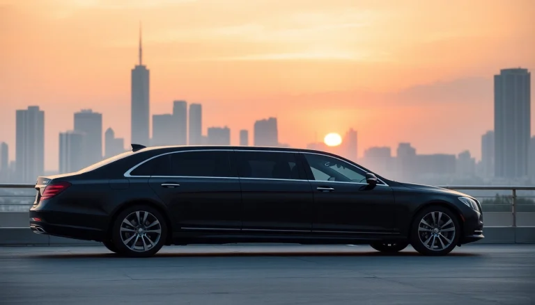 Experience premium car service atlanta with a luxurious limousine against a vibrant city backdrop.