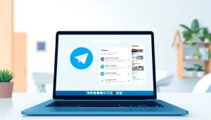 Showcase of Telegram電腦版 interface on a sleek laptop in a modern workspace.