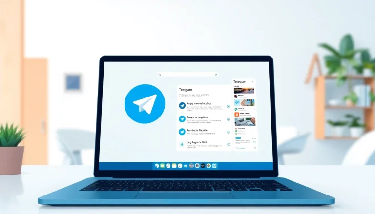 Showcase of Telegram電腦版 interface on a sleek laptop in a modern workspace.