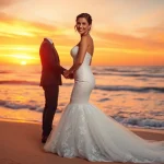 Bridal model in a mermaid wedding dress showcases elegance on the beach at sunset.
