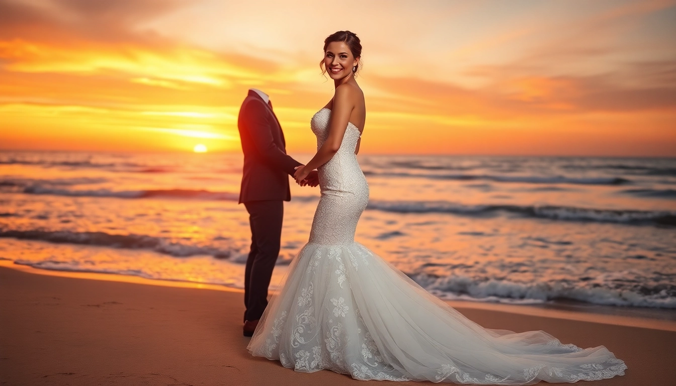 Bridal model in a mermaid wedding dress showcases elegance on the beach at sunset.