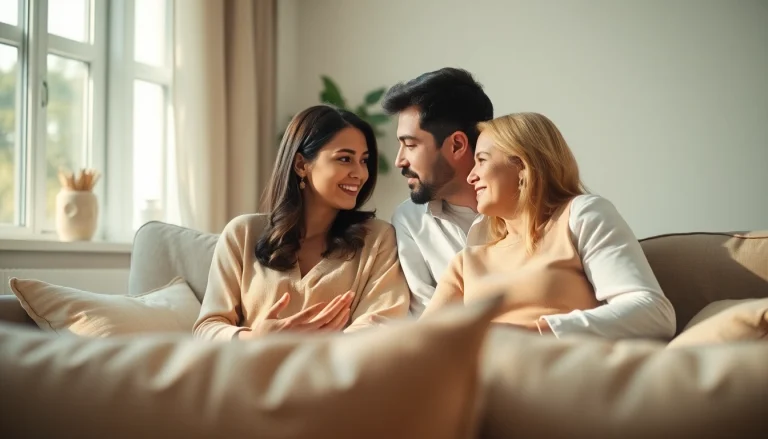 Couple showcasing effective communication in relationships in a warm living room.