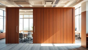 Showcasing a Folding Partition Wall effectively dividing office spaces, highlighting modern design and functionality.