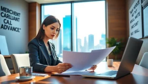 Analyze merchant cash advance options with a businesswoman in a modern office.
