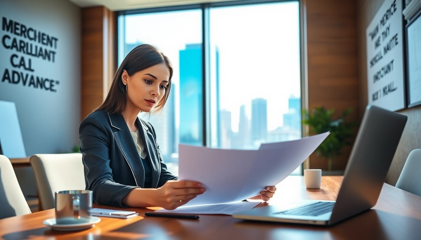 Analyze merchant cash advance options with a businesswoman in a modern office.