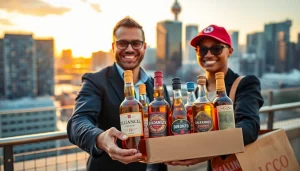 Order LCBO delivery Toronto with a professional delivery person showcasing a variety of beverages against a vibrant city backdrop.