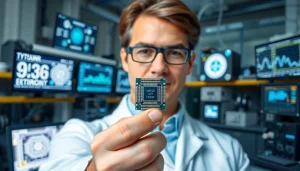 Engineer proudly showcasing a GREAT microchip in a modern tech laboratory.