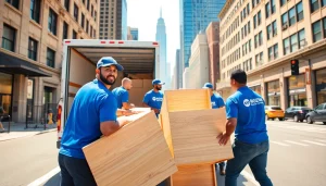 Bronx movers loading a truck with furniture in a vibrant city setting.