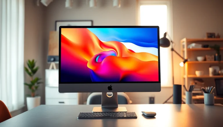 Buy Pro Display XDR in a modern workspace showcasing vibrant visuals on the monitor.