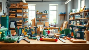Produkte von https://heimwerkglobal.de/ für Heimwerker in einer modernen Werkstatt ansprechend präsentiert.
