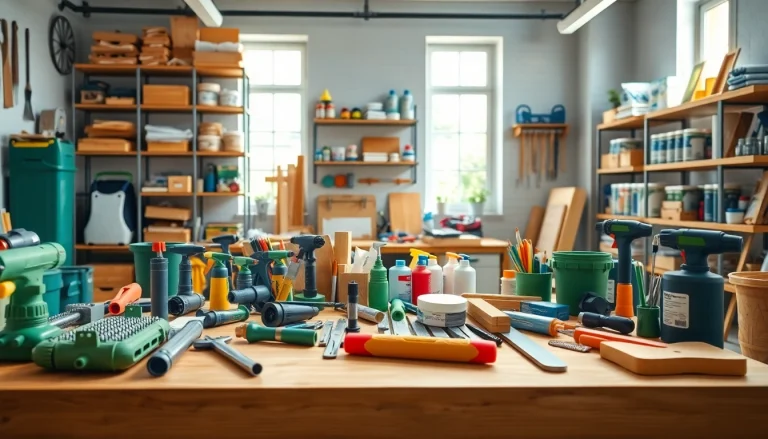Produkte von https://heimwerkglobal.de/ für Heimwerker in einer modernen Werkstatt ansprechend präsentiert.