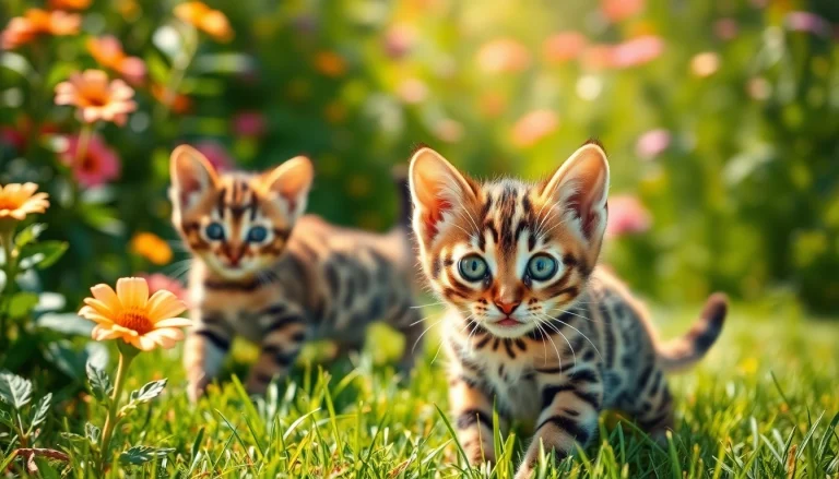 Adorable Bengal Kittens for Sale playing in a vibrant garden.