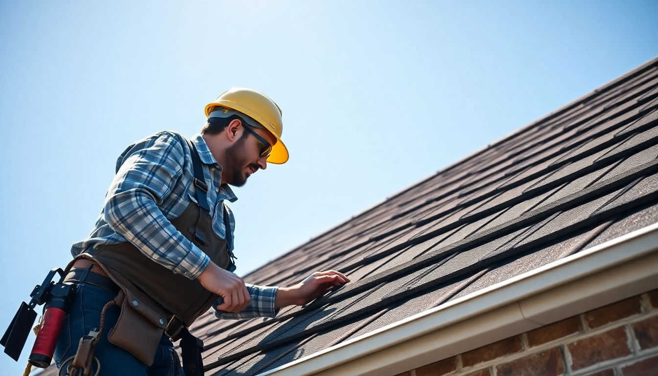 Performing commercial roofing services on a flat roof with equipment and tools in daylight.