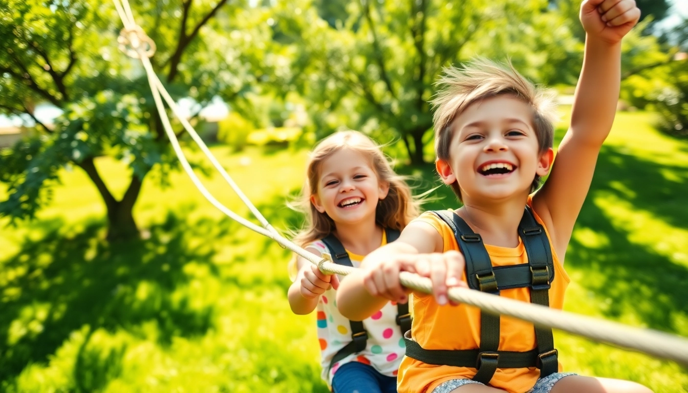 Kids enjoying the thrill of ZIP WIRE KITS in a vibrant backyard setting.