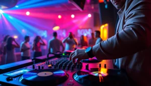 Engaging atmosphere of spotify promotion at a DJ event with vibrant lighting and enthusiastic audience.