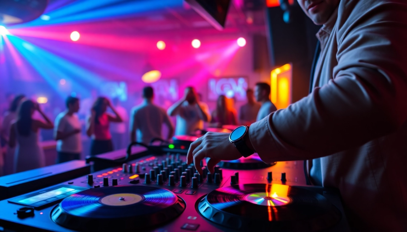 Engaging atmosphere of spotify promotion at a DJ event with vibrant lighting and enthusiastic audience.