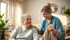 Engaging scene of austin senior home care with caregivers assisting elderly individuals in a comfortable setting.