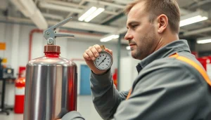 Fire extinguisher inspection in progress with a technician checking a gauge.