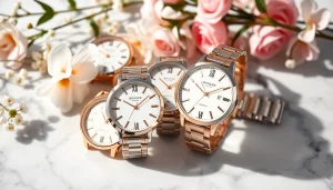 Damen Armbanduhren in elegant Anordnung auf einem marmorierten Untergrund mit Blumenakzenten.