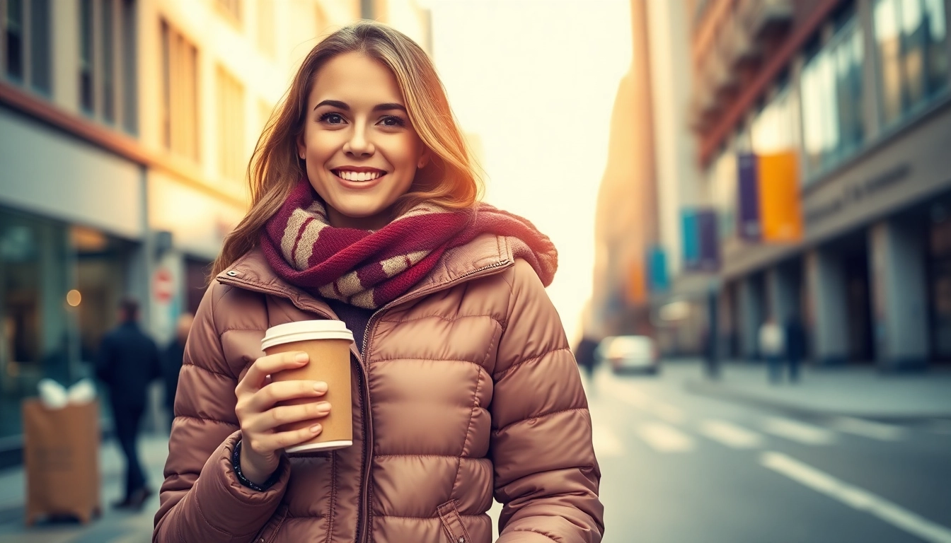 Stylish woman showcasing a Puffer Jacket for women in an urban setting.