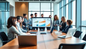 Analyze business trends in a collaborative environment with professionals discussing data insights.