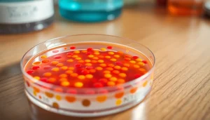 Inspecting the all-check TeSR™ media with vibrant colors in a lab setting.