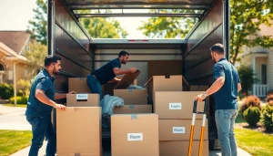 Efficient movers from a moving company near me packing a truck in a sunny neighborhood.