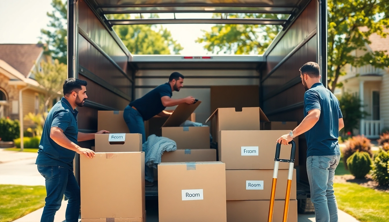 Efficient movers from a moving company near me packing a truck in a sunny neighborhood.