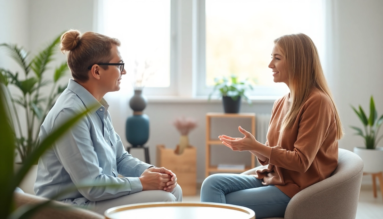 Engaged therapy session for anxiety treatment dubai in a calming office environment.
