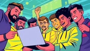 Engaging scene of users placing bets on situs judi bola with diverse fans enjoying online gaming.